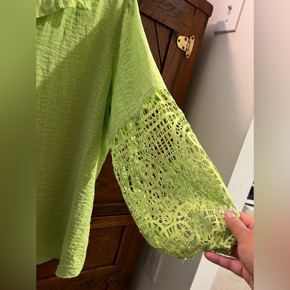 John Mark Boho Button Up Tunic Crochet Sleeve in Lime Green Wire Collar Sz 1X - Picture 4 of 10